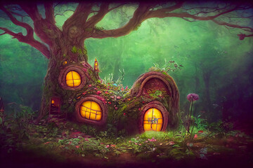 A fairytale house is built in a tree trunk, and it is a dream-like image for children's stories. The house is inhabited by elves and fairies.