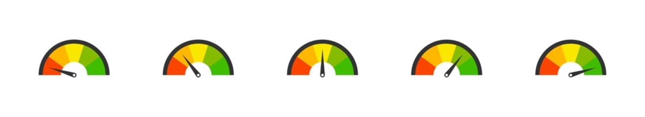 Speedometer, performance measurement flat icons set. Tachometer colored icon. Scale speed PNG isolated illustration for web design