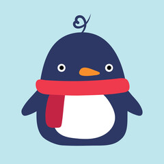Cute cartoon penguin with a scarf. Funny penguin character. Winter design element. Children's illustration, print