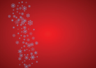 Fototapeta na wymiar Christmas frame with snowflakes on red background. Santa Claus colors. Horizontal Christmas frame for holiday banners, cards, sales, special offers. Falling snow with bokeh and flakes for celebration