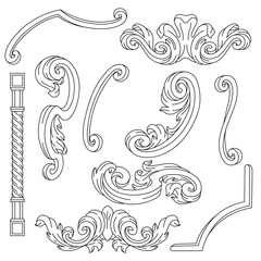 Fototapeta premium Decorative set of floral elements in baroque style. Engraved black curling plant.