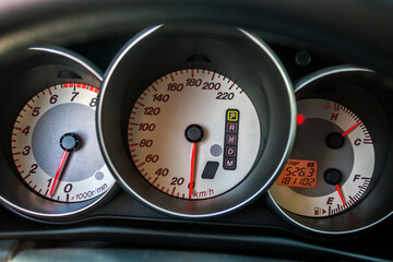 Three speedometers in a sports car close-up