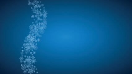 Fototapeta premium New Year snowflakes on blue background with sparkles. Horizontal Christmas and New Year snowflakes falling. For season sales, special offer, banners, cards, party invites, flyer. White frosty snow