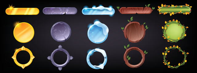 Game frame set, round level up title, circle fantasy RPG nature badge, UI vector avatar border kit. Empty decorative assets, stone ice golden wooden ranking design element. Game frame collection © Oleksandra