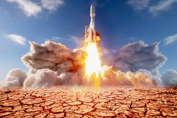 The concept of space exploration for human migration. rocket launching into space. _element of the...