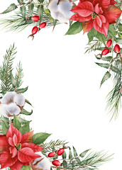 Christmas floral frame. Corner border for holiday  greeting card and invitation. Watercolour Illustration.. Hand painted winter plants. Poinsettia, fir branches, holly berries, coins