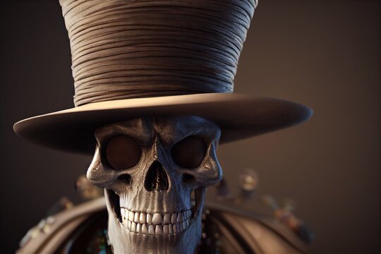 3D rendered computer generated image of Baron Samedi, the loa of the dead in Haitian Voodoo folklore. The head of the Gede family, this voodoo priest is a skeleton with hat and coat 
