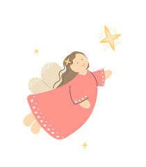 Cute angel girl in a pink dress. Vector illustration for christmas, postcard, children's fairy tale.
