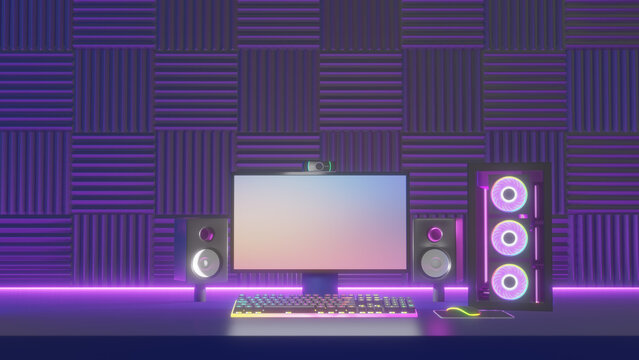 Studio room computer desktop with Acoustic Foam FLAT wall, Modern PC computer white screen mockup, gaming keyboard. 3d rendering illustration