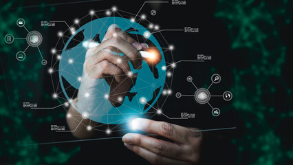 Businessman holding global technology and media digital network connection. Global, Technology, Business, Media and Data Connection Concept.