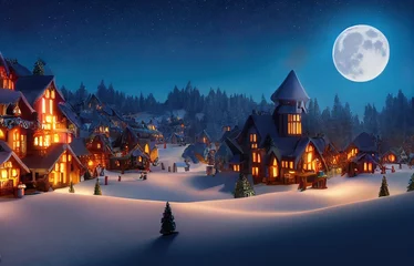 Foto op Plexiglas Generative AI 3D rendered winter snow scene cold and serene new for winter 2023. Santa's Village in the North Pole with a full moon over it at night. Beautiful and scenic idyllic Christmas village © Brian