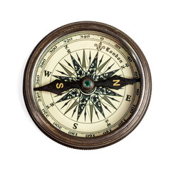 Old vintage retro brass compass isolated. Top view