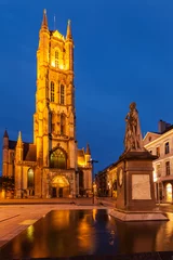 Foto op Canvas Monument to Jan Frans Willems and Saint Bavo Cathedral in the evening. Sint-Baafsplein, Flanders, Ghent, Belgium © Dmitry Rukhlenko