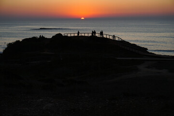 people on a hill watching the sunset over the ocean                             