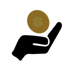 a hand holding a gold coin. Business. Profit.