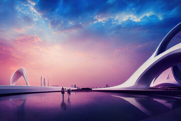 beautiful girl standing in a futuristic white city, colorful sky in the background