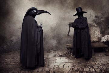 3D rendered computer generated image of a classic plague doctor. Wearing cloak and traditional mask of physicians during the bubonic plague. Medical science during an epidemic during pre-internet time