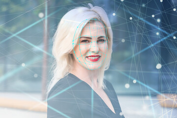 Future. Face Detection. Biometric Facial Recognition. ID Information Security. 3D Scanning of Face of Caucasian Server Engineer Working with Tablet at Data Center. Data Analyzing Animation with Points