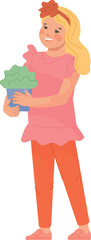 Smiling girl hold flowerpot with green natural plant