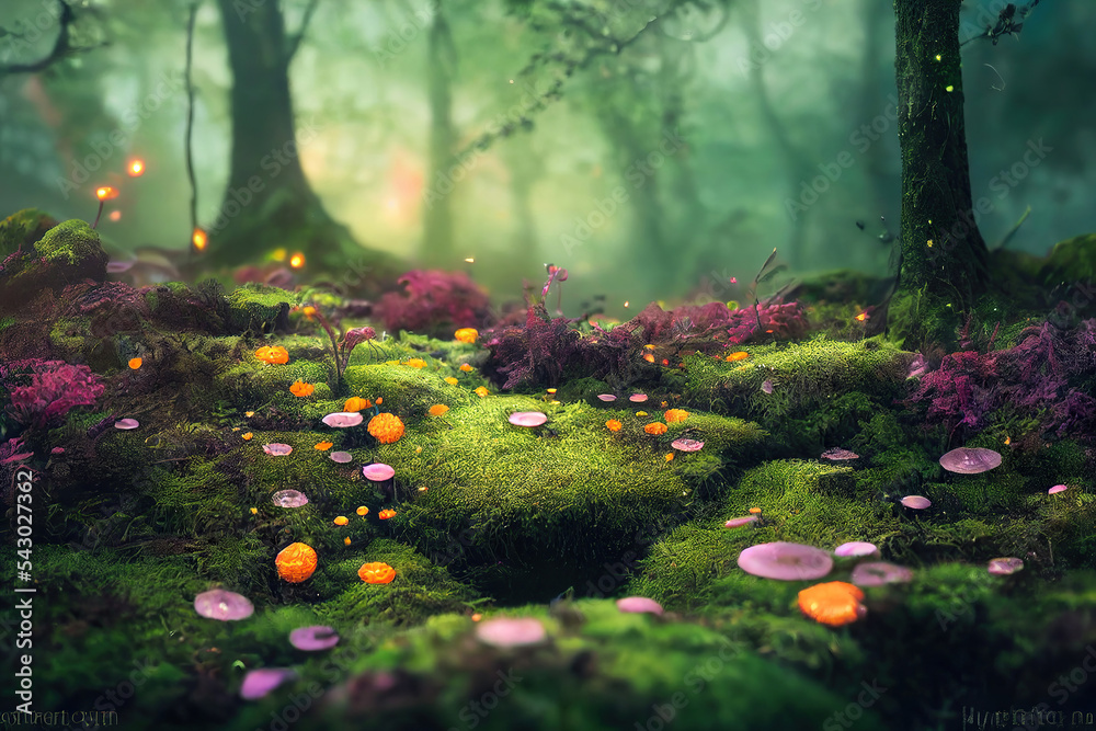 Sticker beautiful fantasy forest foliage background, close-up photo, colorful mushrooms and flowers