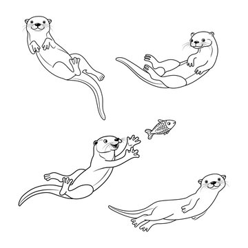 Vector hand drawn outline sketch cute otter isolated on white background. Happy otters swimming and smiling underwater. Black and white animal illustration.