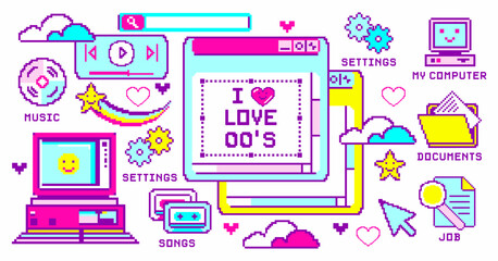 y2k pixel icons, Old computer browser in 00s vaporwave style with hipster stickers. Retrowave 8-bit pc desktop with popup user interface elements, message boxes. Vector illustration of UI and UX