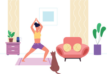 Woman doing yoga exercise in home interior. Stretching training