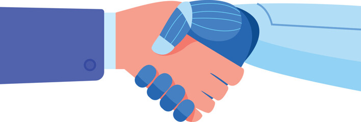 Cyborg and human handshake. Future intelligence friendship