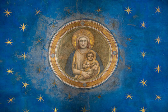 Padua, Italy - october 31, 2022: Madonna and Child in the ceiling of Scrovegni Chapel
