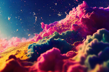 Exploding paint splashes and paint powder in rainbow colors