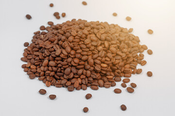 Spilled roasted coffee beans, place for Copy space.