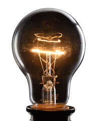 Close up glowing vintage light bulb isolated