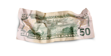 Back of crumpled fifty dollars banknote isolated