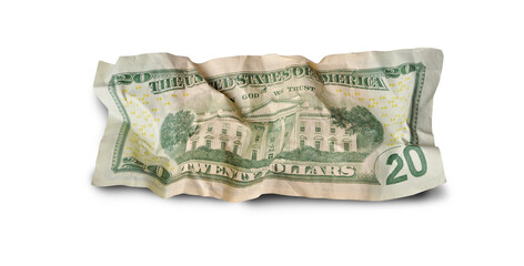 Back of crumpled twenty dollars banknote isolated