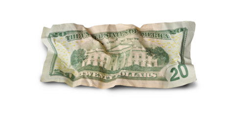Back of crumpled twenty dollars banknote isolated