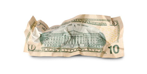 Back of crumpled ten dollars banknote isolated