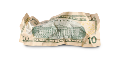 Back of crumpled ten dollars banknote isolated