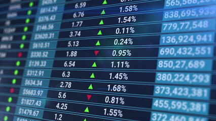 Stock market data rolling and processing over a grid. Digital screen with stats, number of sales, percentage, growth and decline. Abstract blue financial background.