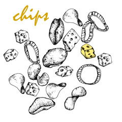 Chips.Black and white sketch, hand-drawn, Vector, isolated on a white background, fast food in different shapes.Cheese cubes, onion rings. For packaging, design bars, menus, labels