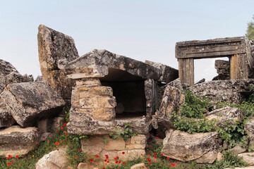 Close-up photo of a tomb at  The Northern Necropolis of Hierapolis, Pamukkale, Turkey	