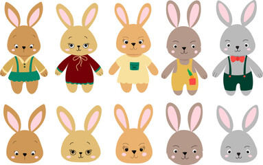 cartoon rabbits, hares in flat style, design isolated vector