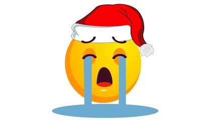 Crying upset yellow emoji in santa claus christmas hat isolated on white background. Negative emotions concept. Winter holidays emoticon. Social media reaction icon.