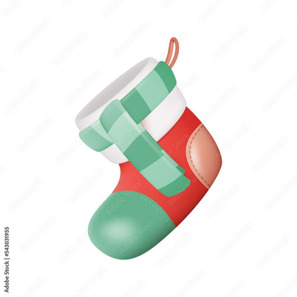 Poster 3d christmas santa claus stocking. red xmas sock close-up isolated on white background. vector illus