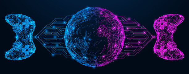 Two game joysticks are connected to the sphere of the metaverse. Polygonal design of interconnected lines and points. © Ilya
