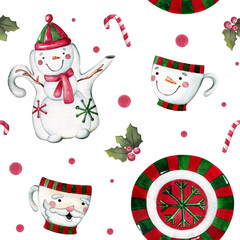 Watercolor seamless christmas pattern with tableware, teapot, cups, berries, candies and holly
