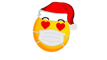 Enamored and smiling yellow emoji in santa claus hat and medical mask on white background. Positive emotions concept. Winter holidays emoticon during Covid19 epidemic. Social media reaction icon.