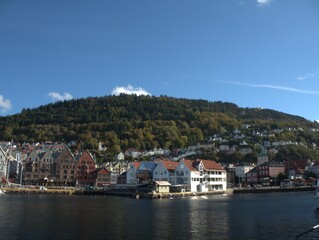 Fototapeta na wymiar Bergen, Norway. View of historic buildings at Bryggen - Hanseatic Quay in Bergen, Norway. UNESCO World Heritage Site, bryggen