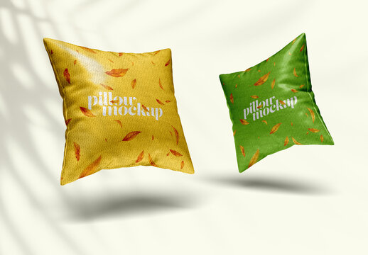 Decorative Pillow Set Mockup &ndash; Realistic Yellow and Green Cushions with Autumn Leaf Pattern for Cozy Living Room and Home Decor Branding