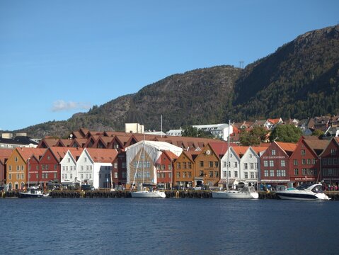 Bergen, Norway. View of historic buildings at Bryggen - Hanseatic Quay in Bergen, Norway. UNESCO World Heritage Site, bryggen