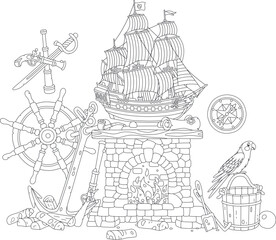 Old fireplace of a sea dog with burning wood and a model of a sailer on a mantelpiece surrounded by a wooden helm, pirate weapons, an anchor, a compass and a funny parrot on a bucket
